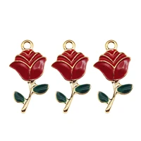 wholesale 20pcslot gold color enamel red charm grace rose look charms handmade pendant diy fashion necklace jewelry findings