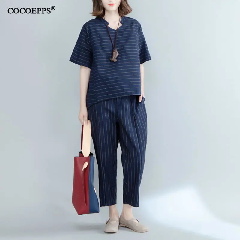 

2019 New Summer Plus Size Suit Casual Ladies Clothing Set New 2 Piece Set Women Tops+Pants Big Size Striped work Casual suit 2XL