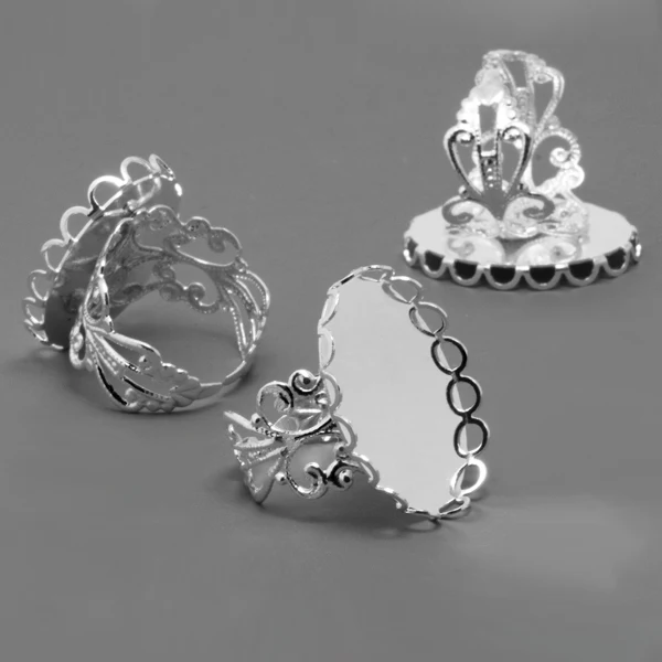 

10pcs Silver Plated Filigree Ring Setting/Blank with Inner 18*25mm Lace Tray for Glass Cabochons/Domes/Resin