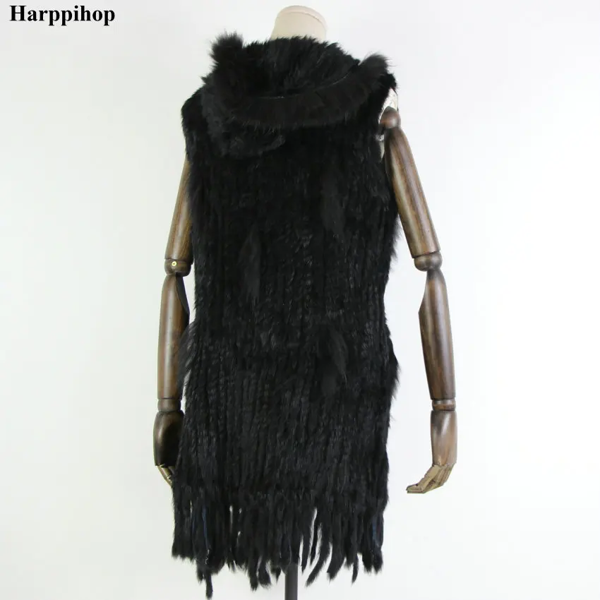 Harppihop* женский жилет из натурального кроличьего меха с капюшоном, модный воротник из меха енота, жилеты, теплый длинный жилет из натурального меха