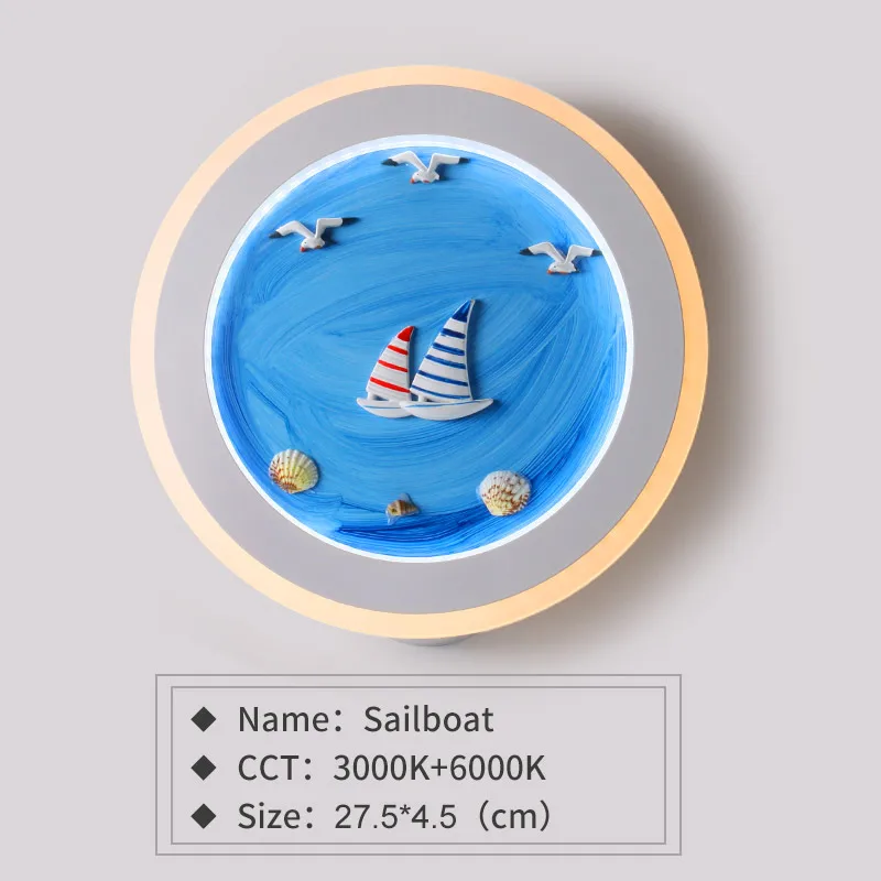 Sailboat Светодиодный настенный светильник для помещений, настенные светильники в средиземноморском стиле, светодиодный настенный светильник, светильник для спальни, гостиной, детской комнаты - Цвет абажура: Sailboat