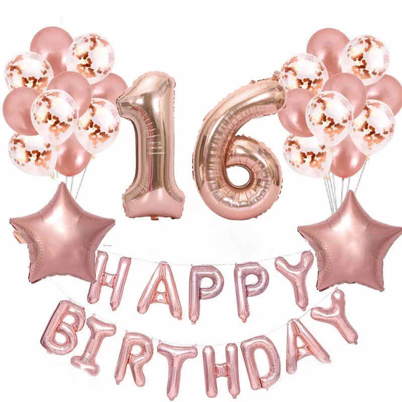37 шт./лот 18 21 30 50 60th Happy шары ко дню рождения звезда розового золота конфетти 40 дюймов количество Фольга шар День рождения Декор поставки - Цвет: number  set 16