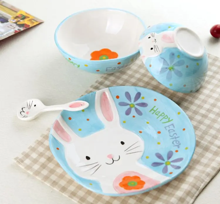 Rabbit 1 Набор, деревянный рельеф, ручная роспись, керамический набор посуды, фарфор, животные, набор посуды, чашки-тарелки для детей - Цвет: Rabbit