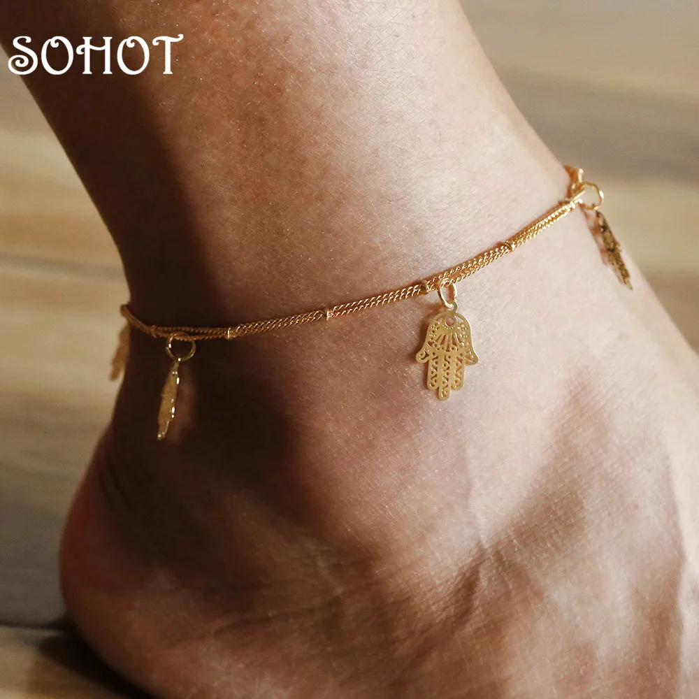 Ножные браслеты SOHOT двухслойные для женщин изящная подвеска на руку хамсы