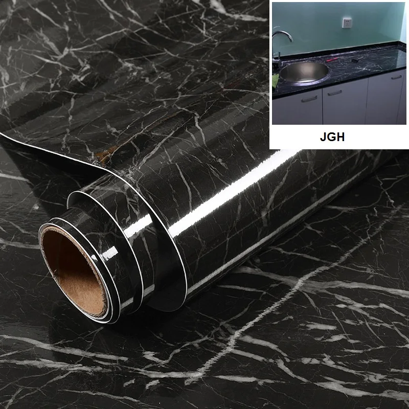 

PVC Waterproof Self Adhesive Wall Stickers For Kitchen Bathroom Living Room TV Background Black Marble Wallpapers Roll