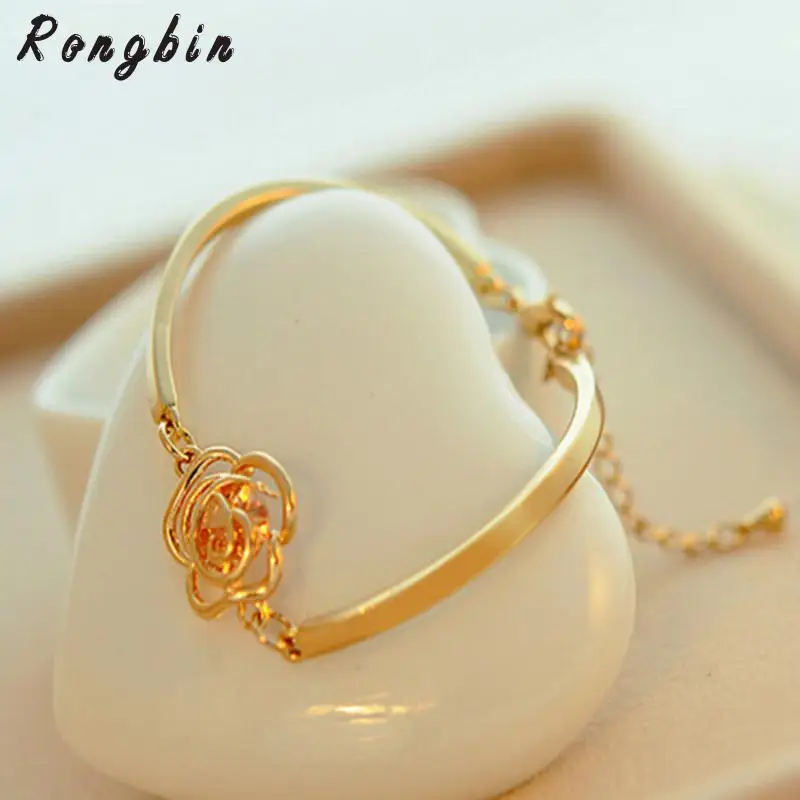 2017 Женский Золотой цветок Кристалл Розовый Браслет манжета цепочка браслет