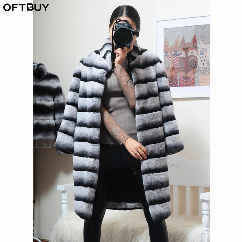x-long style (90cm) Женская Повседневная куртка Witner,, роскошное пальто с натуральным мехом кролика Рекс, верхняя одежда в полоску, толстая, теплая, стоячий воротник, уличная одежда - Цвет: x-long style (90cm)