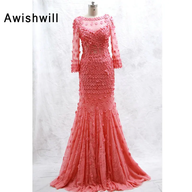 

New Special Occasion Dress Mermaid Robe De Soiree Open Back Long Sleeve Evening Dresses Flowers Lace Formal Dress Real Pictures