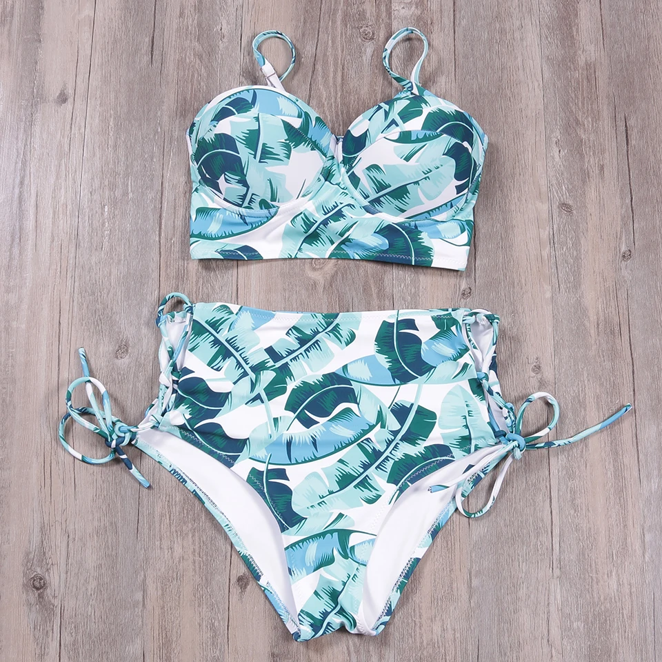 Женский бикини с высокой талией SAMEGAME купальник пуш-ап принтом листьев большого