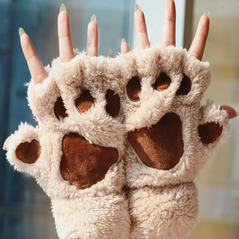Winter Women Ladies Girls Gloves Cute Cat Claw Paw Plush Mittens Short Fingerless Half Finger Black Gray | Аксессуары для одежды