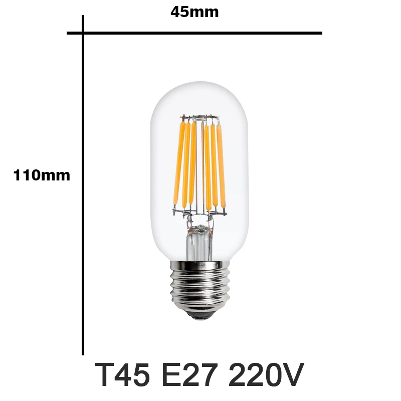 T45 Светодиодный лампа накаливания Эдисона E14 E27 220V C35 G45-G95 ST60 A60 T45 2W 4W 6W 8W подвесной светильник в стиле ретро лампы в форме свечи люстра лампа украшения дома светильник - Испускаемый цвет: T45