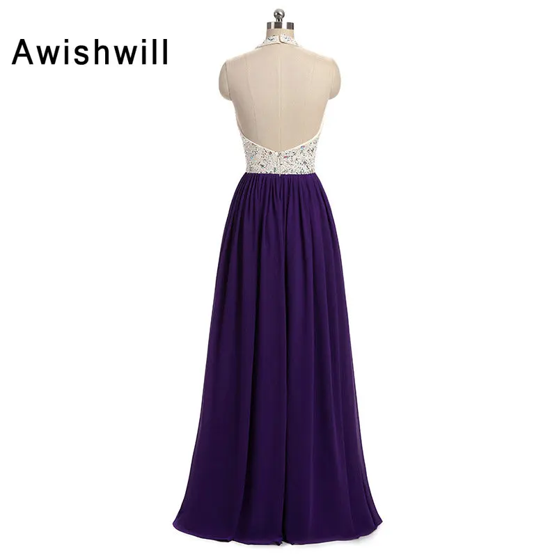 Real Pictures Long Evening Dress Purple Halter A-Line Beadedings Sequined Floor Length Chiffon Formal Party Gown | Свадьбы и