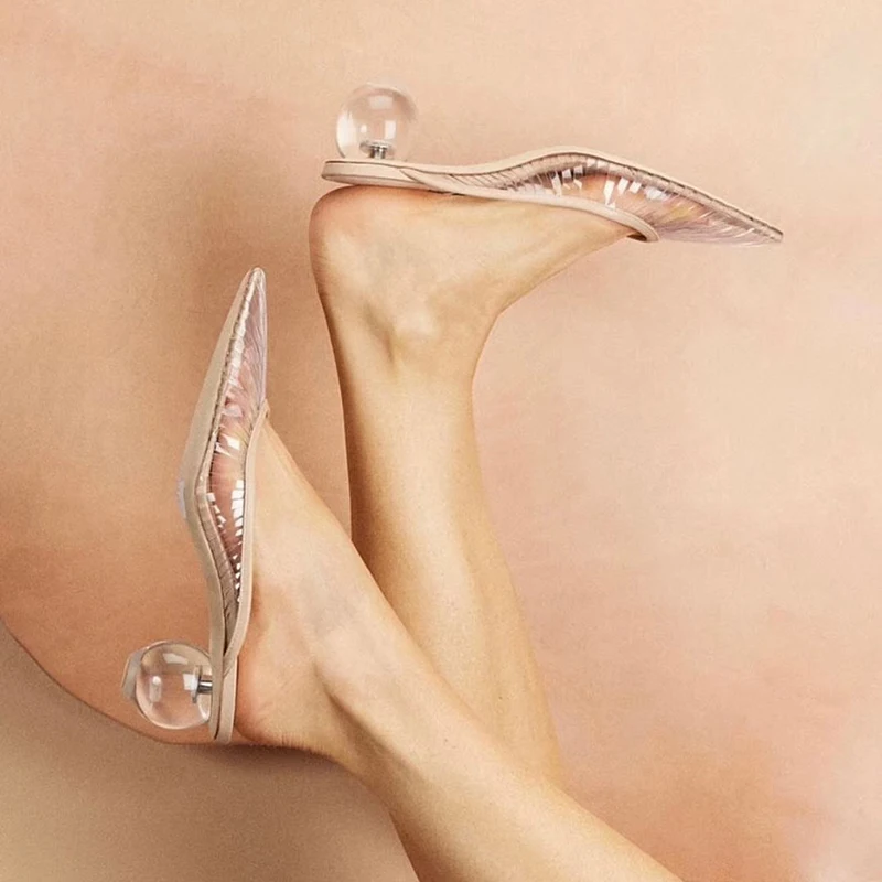 Шлепанцы женские на странном каблуке заостренный носок Прозрачный каблук