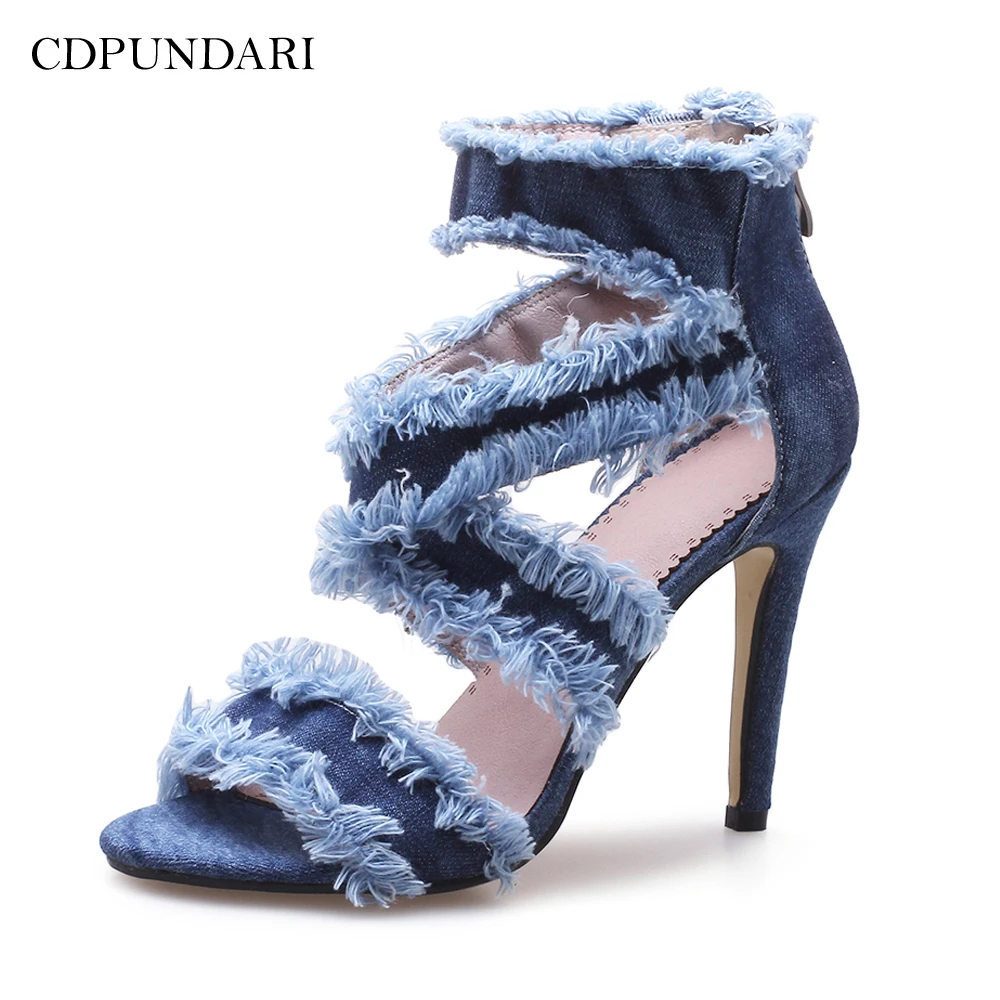 

Fashion Denim Women Super High Heel Sandals Ankle Zipper Fringe Sandals Summer Party Shoes Sandalias Mujer 2021