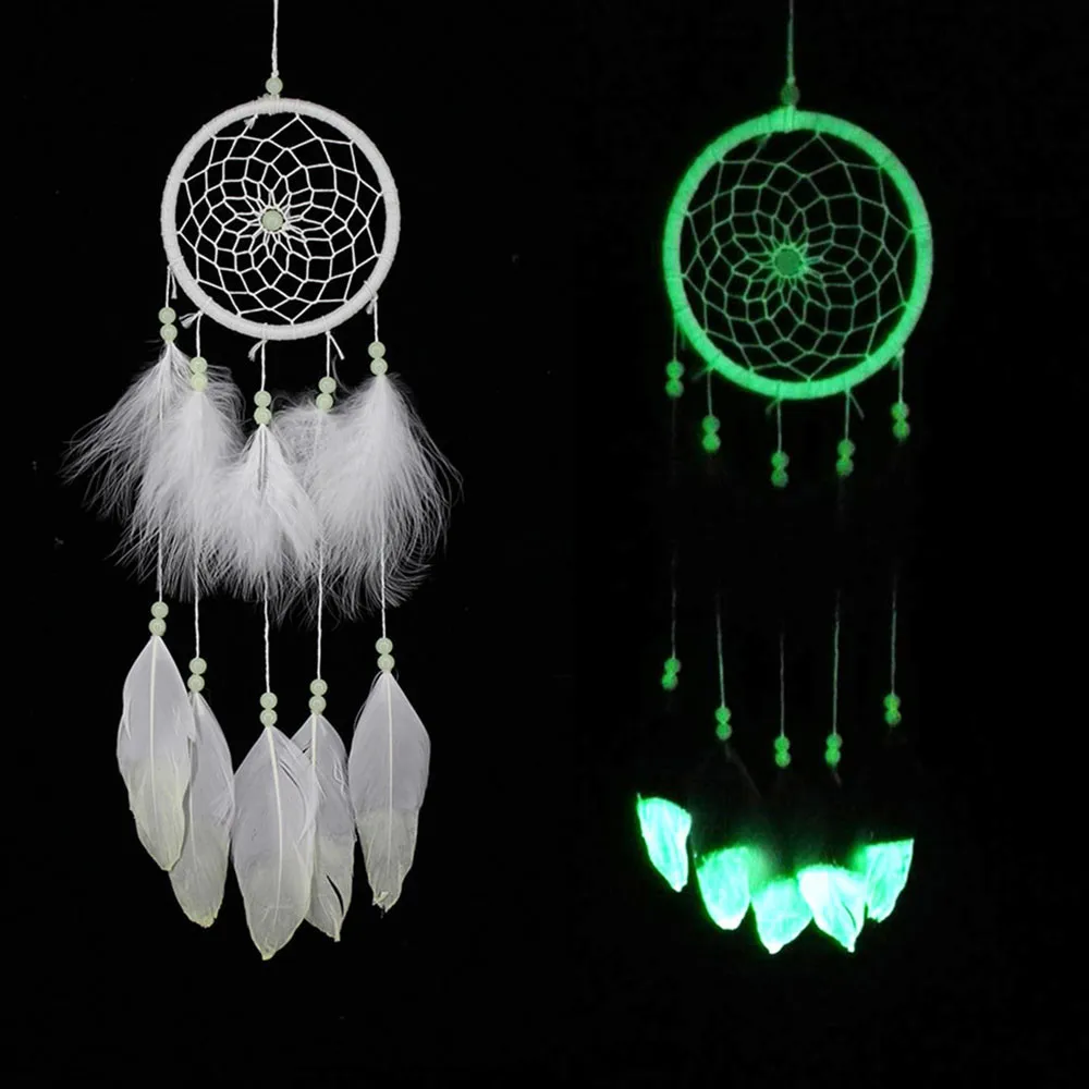 Белый светящийся Ловец снов перо бусина кольцо для окна автомобиля подвесное