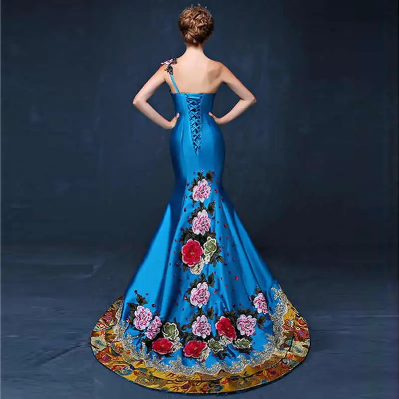 Blue Long Mermaid Evening Dress Embroidery Bride Wedding Cheongsam Chinese Party Dresses Robe Chinoise Trailing Princess | Тематическая