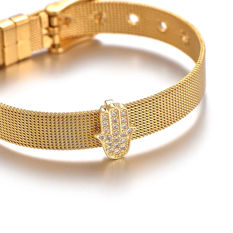 Pipitree Cubic Zirconia Hamsa Hand Bracelet Stainless Steel Mesh Chain Charm Bracelets &amp Bangles for Women Men Fashion Jewelry |