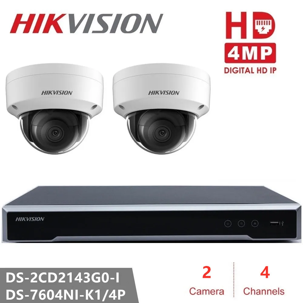 Hikvision видеонаблюдения 4CH CCTV комплекты 4MP купольная сетевая ip-камера DS-2CD2143G0-I+ NVR DS-7604NI-K1/4 P 8MP разрешение P2P - Цвет: 4Channel  2Camera