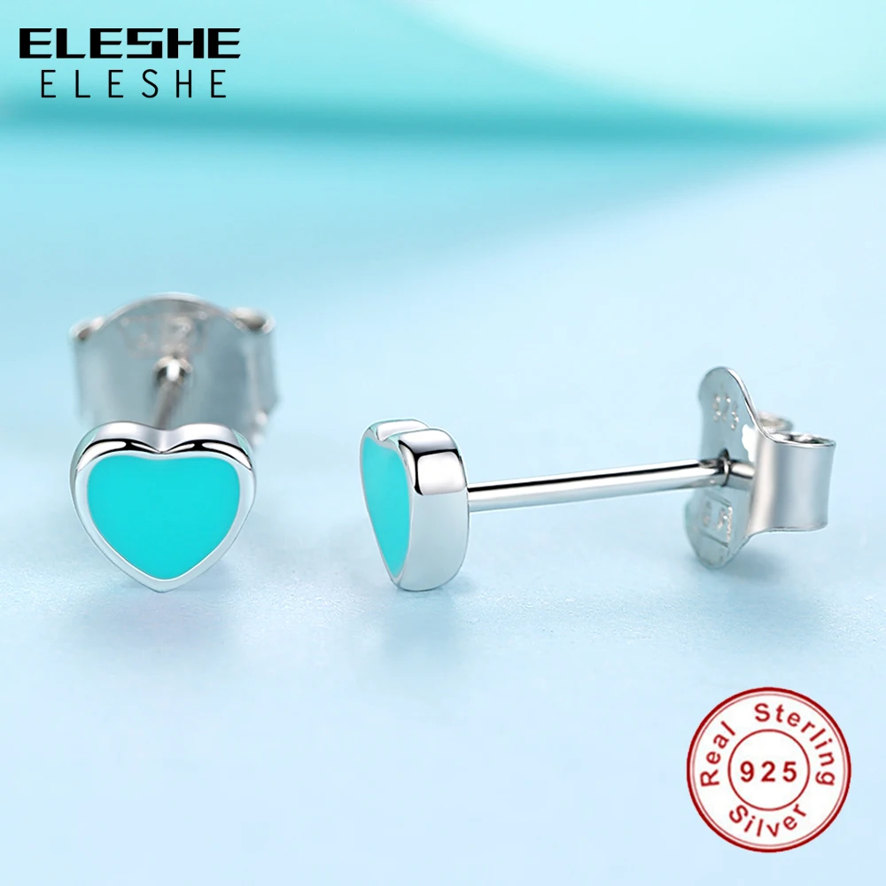 ELESHE, милые серьги в виде сердца, эмаль, розовый/зеленый цвет, серьги-гвоздики, 925 пробы, серебряные серьги для женщин, свадебные ювелирные изделия