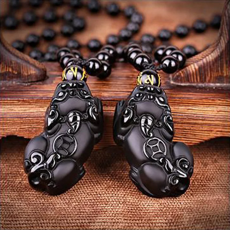 Оптовая продажа натуральный черный обсидиан резная подвеска Pixiu Lucky Amulet ожерелье