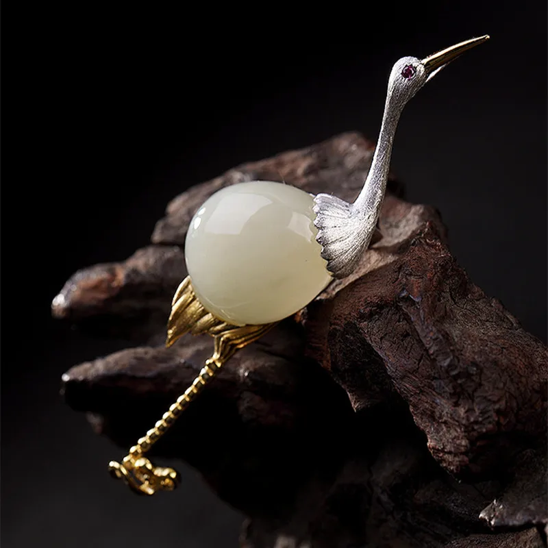 Женская Брошь с зеленым нефритом и фламинго в форме кранов ручной работы