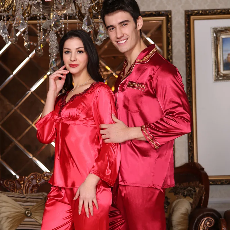 Шелковые пижамы для влюбленных, праздничная красная Свадебная шелковая одежда для сна, домашняя одежда для взрослых, пижамы с длинным рукав... от AliExpress RU&CIS NEW