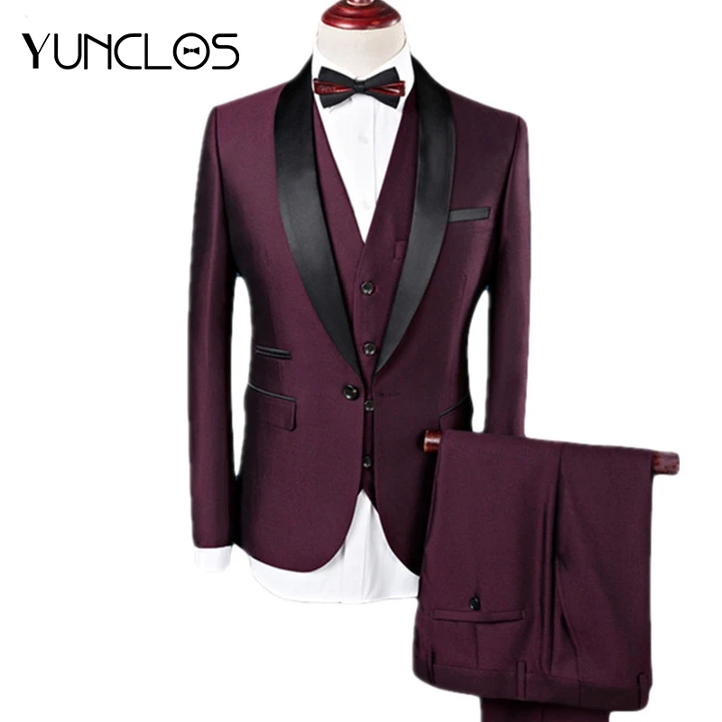 Мужской облегающий смокинг YUNCLOS формальный костюм из 3 предметов с шалью и