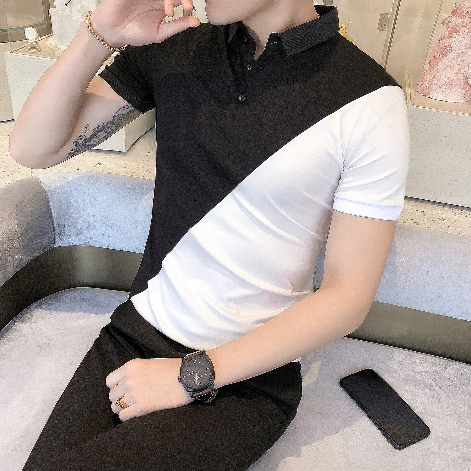 Черно-белая рубашка поло в стиле пэчворк Мужская мужская повседневная хлопковая