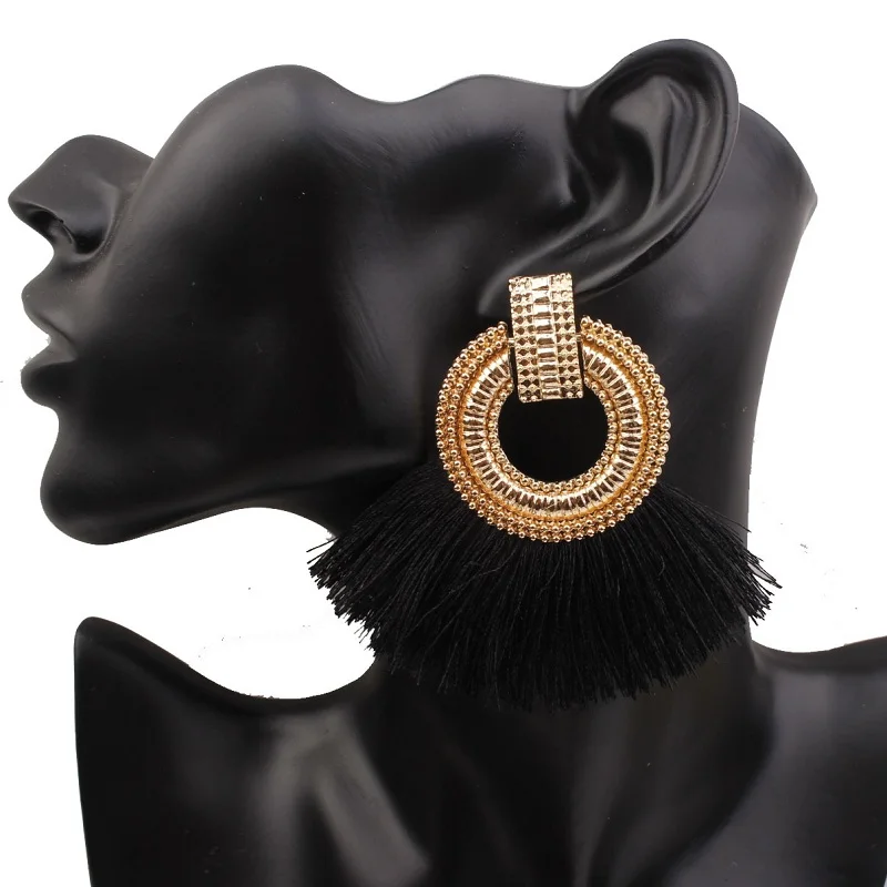 gold black Exknl богемные серьги в виде капель для женщин, серьги с кисточками, большие массивные Винтажные висячие серьги, красные, розовые, черные, синие модные ювелирные изделия - Окраска металла: gold black