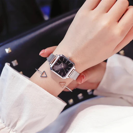 silver band black Женские кварцевые часы люксовый бренд кожаный ремешок Женские Простые Стильные наручные часы женские классические квадратные часы Relojes Mujer - Цвет: silver band black