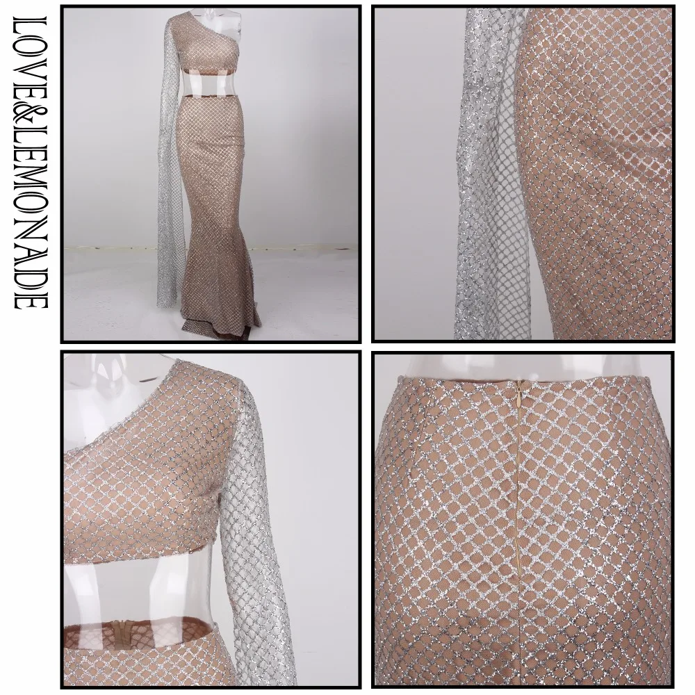 Женский костюм двойка LOVE & LEMONADE серебристый/телесный комплект с рукавами рожками