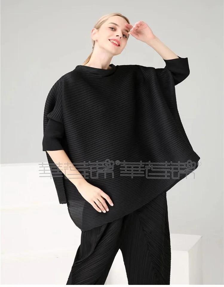 Changpleat Весенняя свободная Асимметричная Женская футболка Топы Miyak плиссированные модные футболки со стоячим воротником и рукавами летучая мышь большого размера