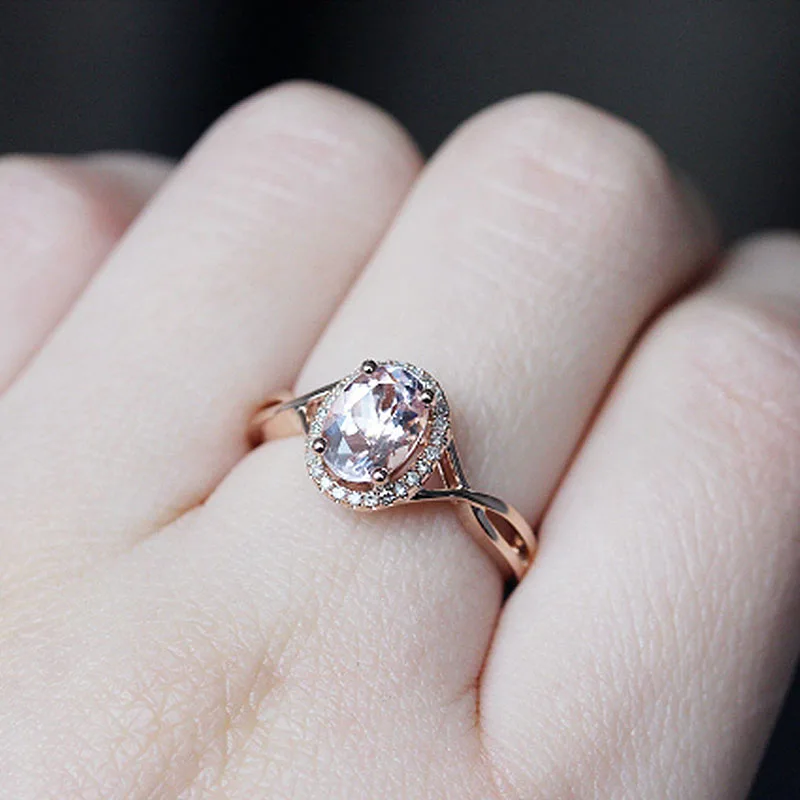 

DUPUY 2018 Classical Morganite Engagement Ring VS 6X8mm Oval Cut Morganite Ring Diamonds Halo Half Eternity Ring F0020MO