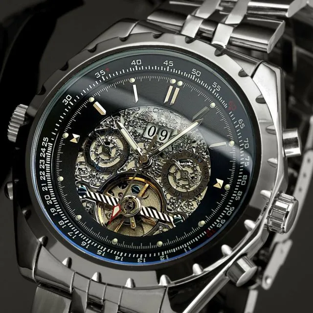 Jargar cadran нуар 6 сетевой Дата jour tourbillon нержавеющая сталь analogique acier pleine robe de poignet de браслет АКПП homme