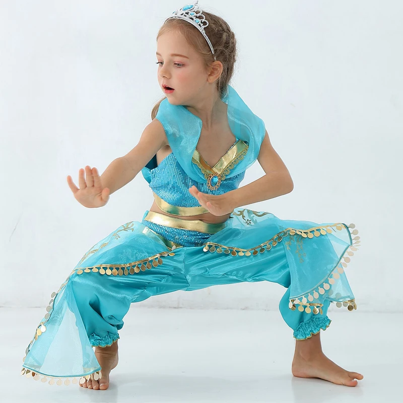 Детское летнее танцевальное платье принцессы жасмин для девочек, костюм, костюм Аладдина на Хэллоуин, Рождество, представление, топ, юбка, штаны, комплект из двух предметов