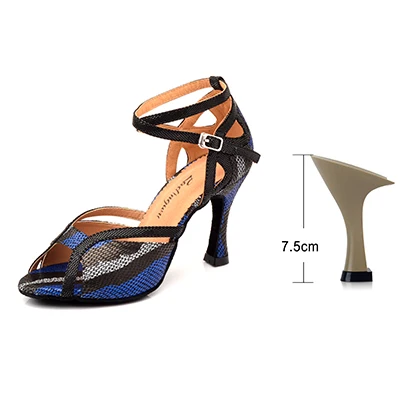 Blue 7.5cm Ladingwu/женские туфли для латинских танцев; Цвет фиолетовый, золотой, черный; блестящие и Атласные Босоножки на платформе; Танцевальная обувь; бальные танцы на каблуке 10 см - Цвет: Blue 7.5cm