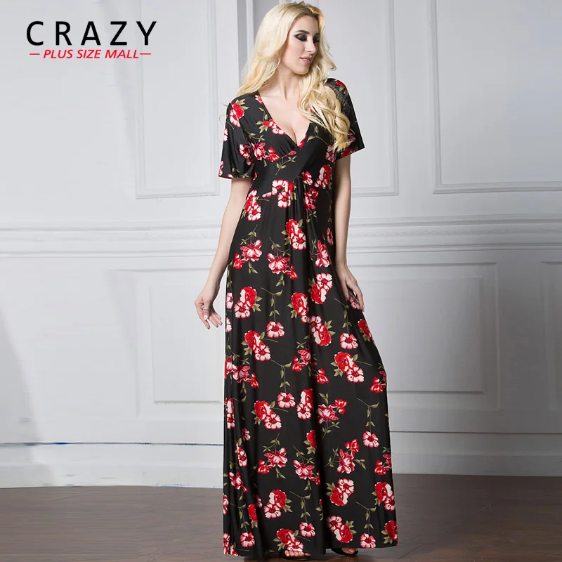 Большой Размеры L 7XL принт с красным цветком платье размера плюс Длинные платья