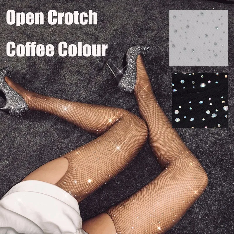 Женские чулок со стразами Collant Femme, Ажурные чулки, Lenceria Diamond, сексуальные колготки, Medias De Mujer, блестящие колготки SW065 - Цвет: open crotch coffee