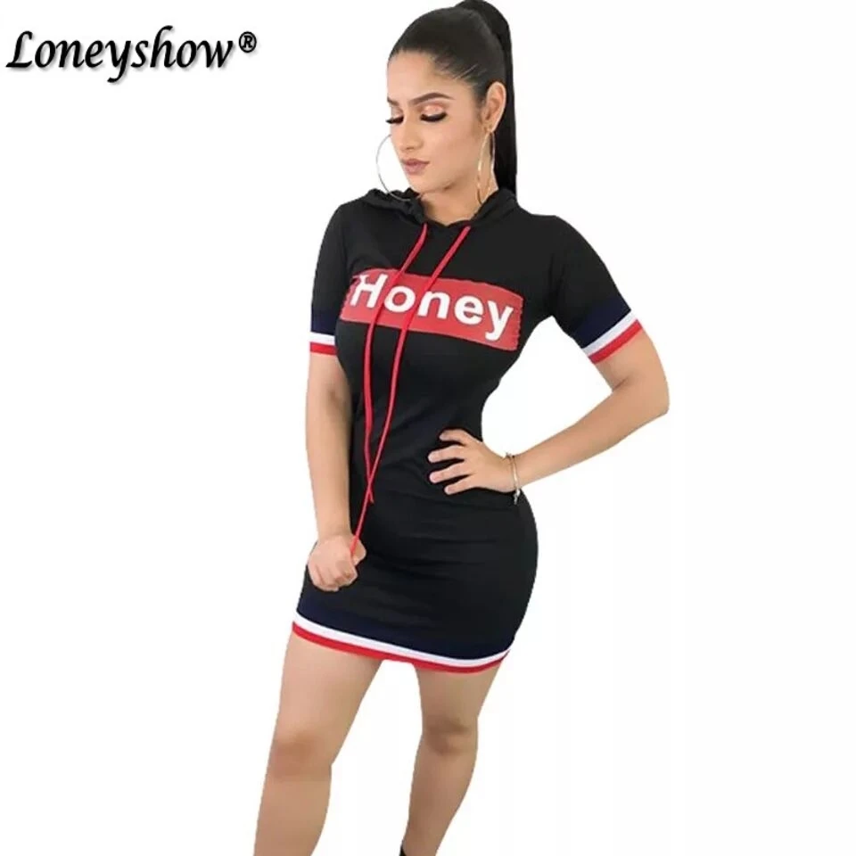 Loneyshow honey с буквенным принтом летнее платье капюшоном коротким рукавом