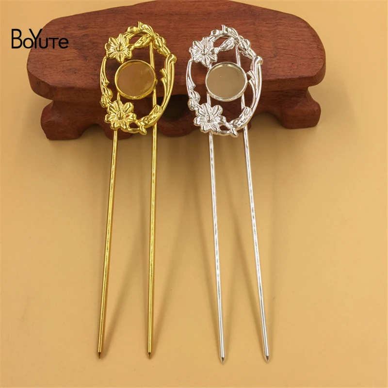 

BoYuTe 5Pcs 14MM Cabochon Base Blank Setting Silver Gold Kanzashi Hair Stick Women Diy Hair Accessories