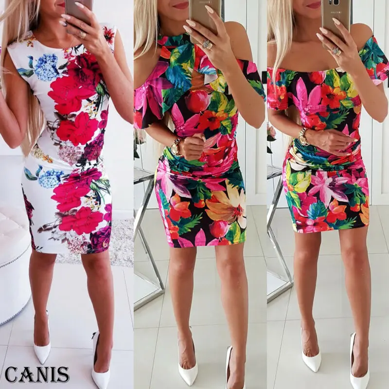 2019 Для женщин летнее платье с цветочным рисунком без рукавов открытыми плечами