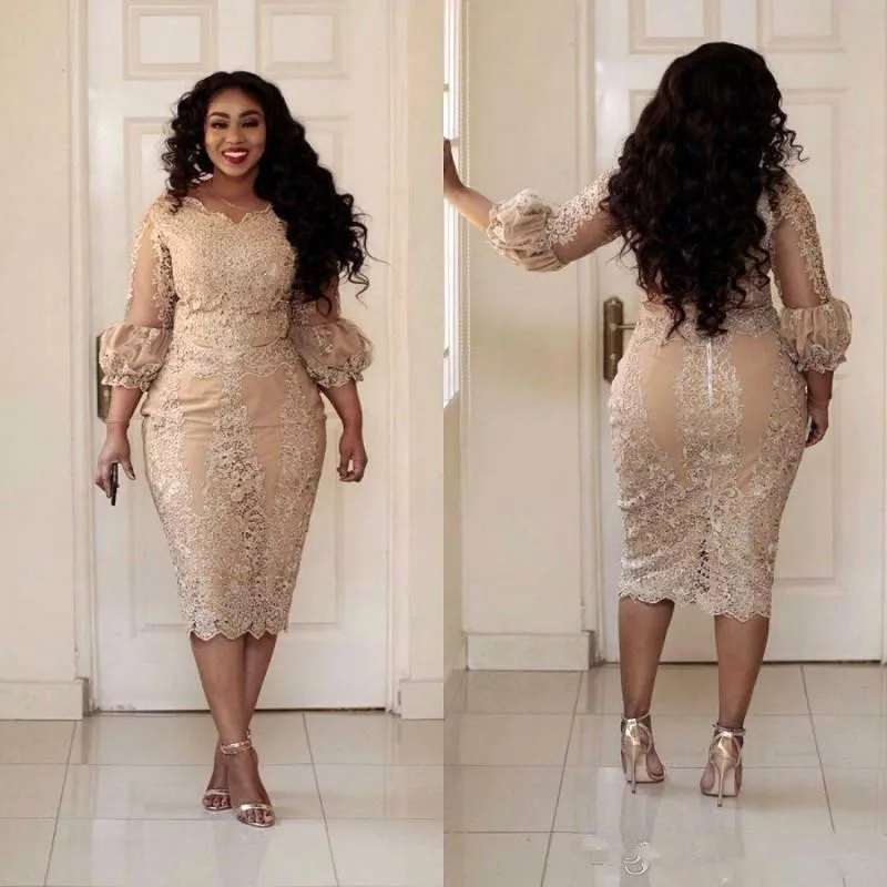 

African Champagne Mother Of The Dresses Jewel Neck Applique Illusion 3/4 Sleeve Long Sleeve Evening Gowns Plus Size Mermaid Pro