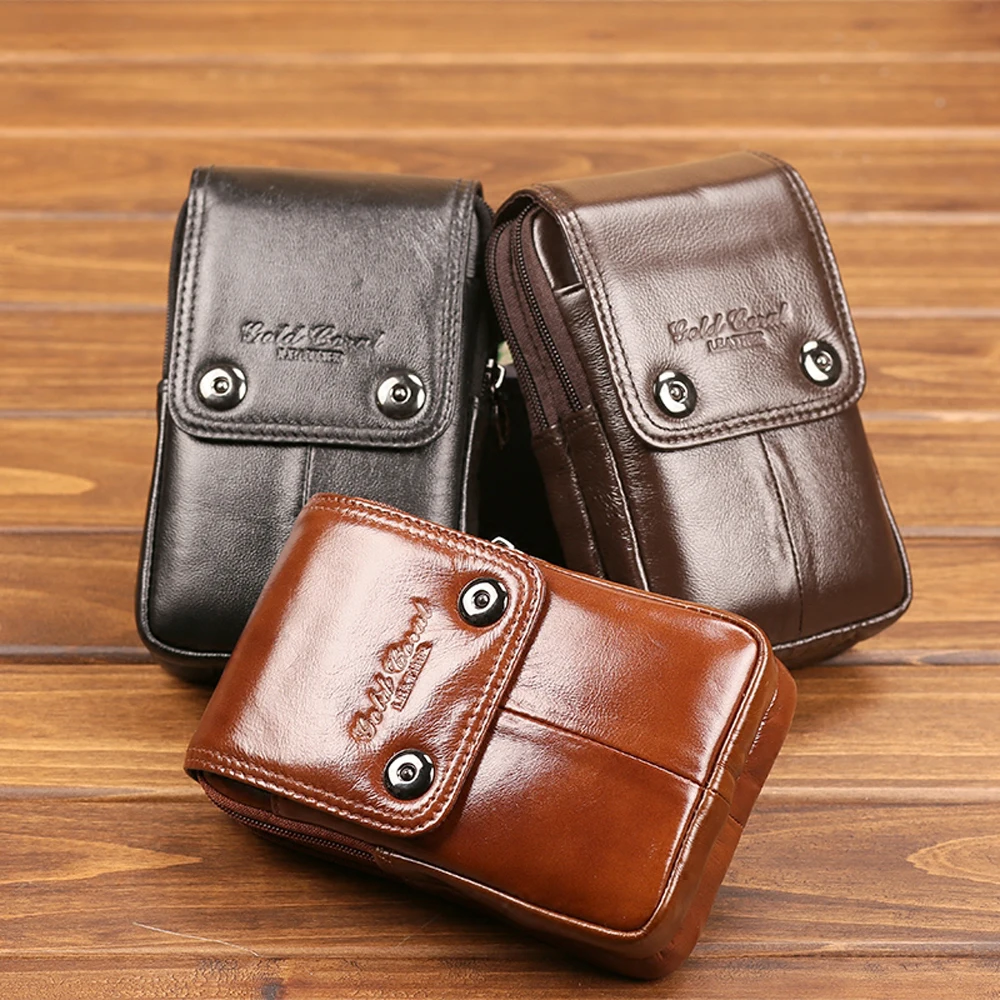 Мужская поясная сумка из натуральной кожи золотого и кораллового цвета мини для