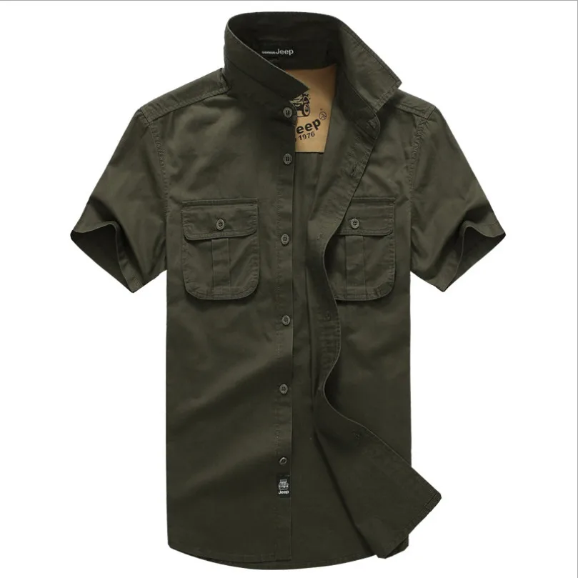 Мужская рубашка карго в военном стиле с коротким рукавом цвета хаки/зеленый|shirt men