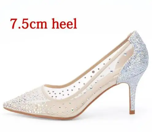 7.5cm heel Prova Perfetto/женские туфли-лодочки на высоком каблуке-шпильке 10 см, 8 см, со стразами, с острым носком, украшенные стразами, серебристые, сетчатые женские вечерние свадебные туфли - Цвет: 7.5cm heel