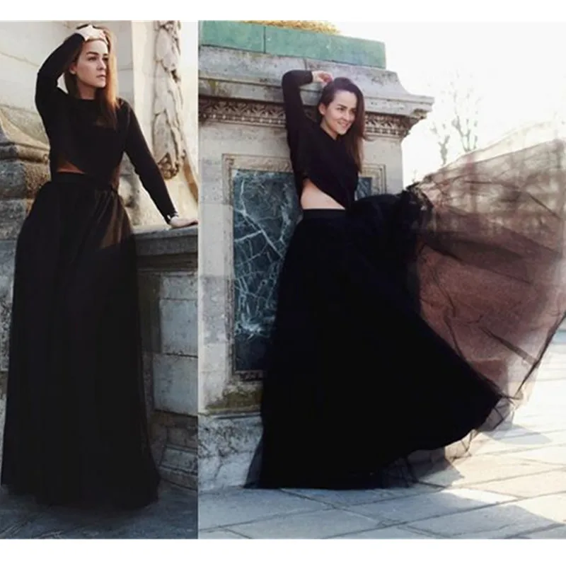 

Black 7 Layer Tulle Elastic Waist Maxi Floor Length A Line Ballerina Skirt NWT