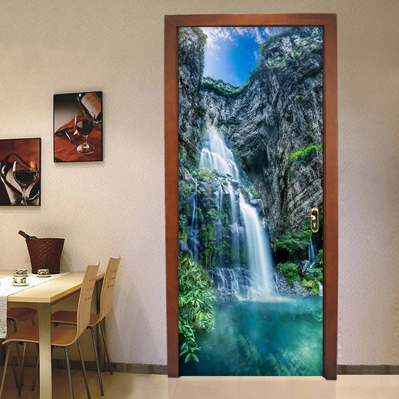 3D пейзаж с водопадами наклейка на дверь домашний декор гостиная столовая ПВХ