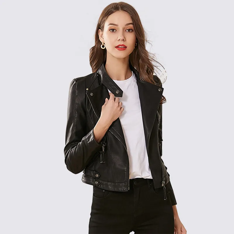 Куртка из искусственной кожи в стиле панк женская черная уличная куртка на