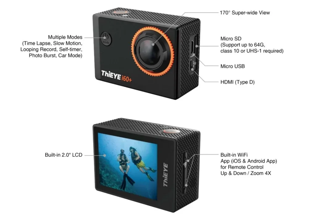 Экшн-камера ThiEYE i60+ 4K WiFi с дистанционным управлением и креплением на свободную степень вращения, Ультра HD камера для езды на велосипеде и дайвинга