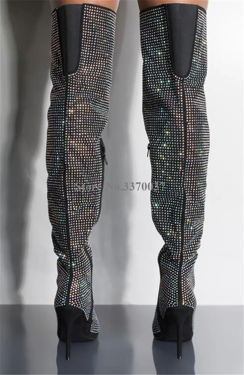 Шикарные Модные женские ботфорты с острым носком стразы на шпильке черные сапоги